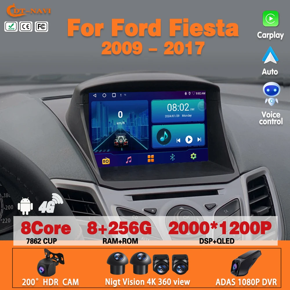 9 Inch Android 14 Car Radio For Ford Fiesta 2009 - 2017 Multimedia Stereo Carplay Navigation GPS NO DVD Player Autoradio 2 Din