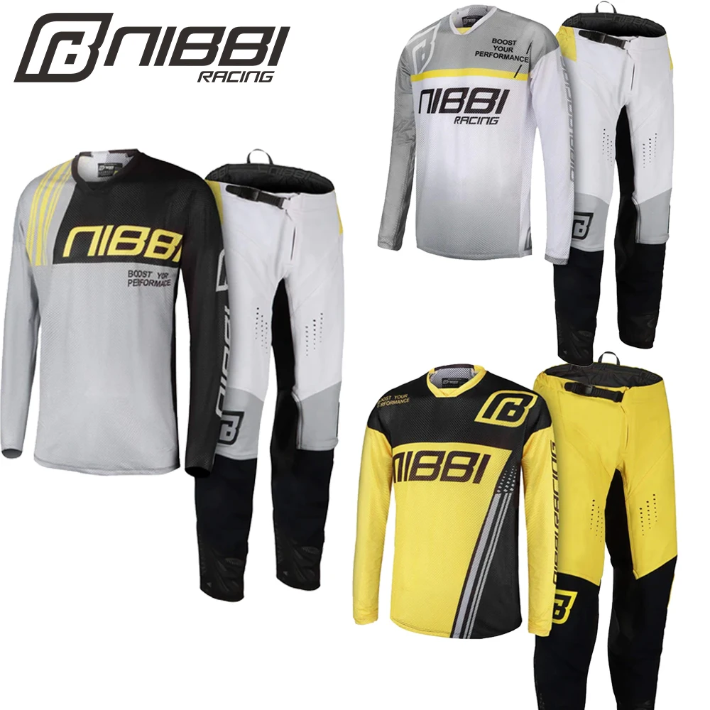 NIBBI Motocross Clothing Gear Set Jersey  Pants Dirt Bike Motorcycle Racing Suit Gray Yellow White