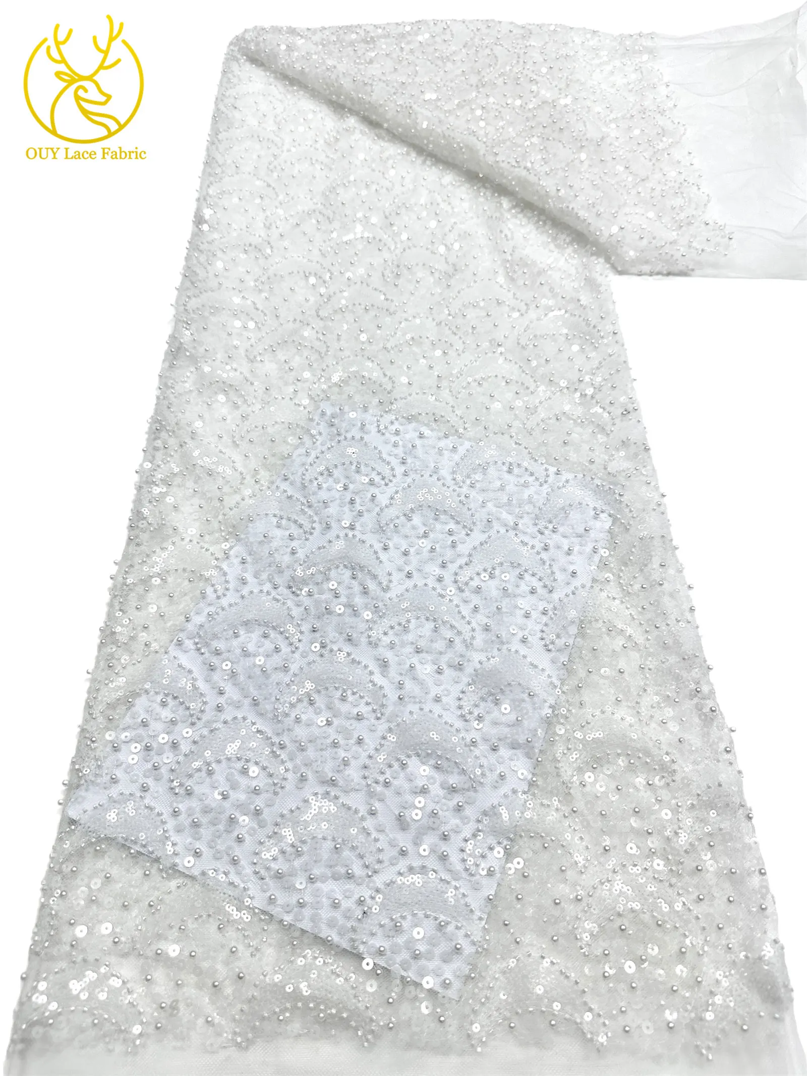 2026 Afrikanischer Pailletten-Spitzenstoff 5 Yards Hochwertiger Nigerianischer Perlen-Tüll-Spitzenstoff Geeignet für Hochzeitskleider-Näharbeiten – Detail 9