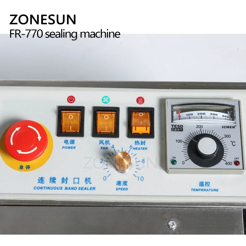 ZONESUN 770 연속 자동 필름 씰링 기계 2개의 마크 휠이 있는 수평 PVC 멤브레인 백 필름 실러 식품 포장 기계