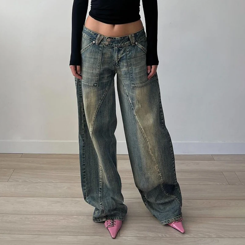 Darlingaga Streetwear Vintage Straight Leg Women Jeans Pants Stitching 90s Aesthetic Washed Fairycore Harajuku Denim Trousers