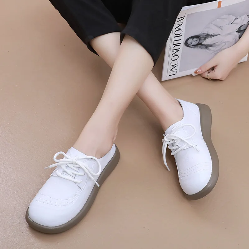 GKTINOO Genuine Cow Leather Loafers Soft Sole Flats Women Shoes 2024 Autumn Round Toe Lace Up Casual Sneakers Large Size