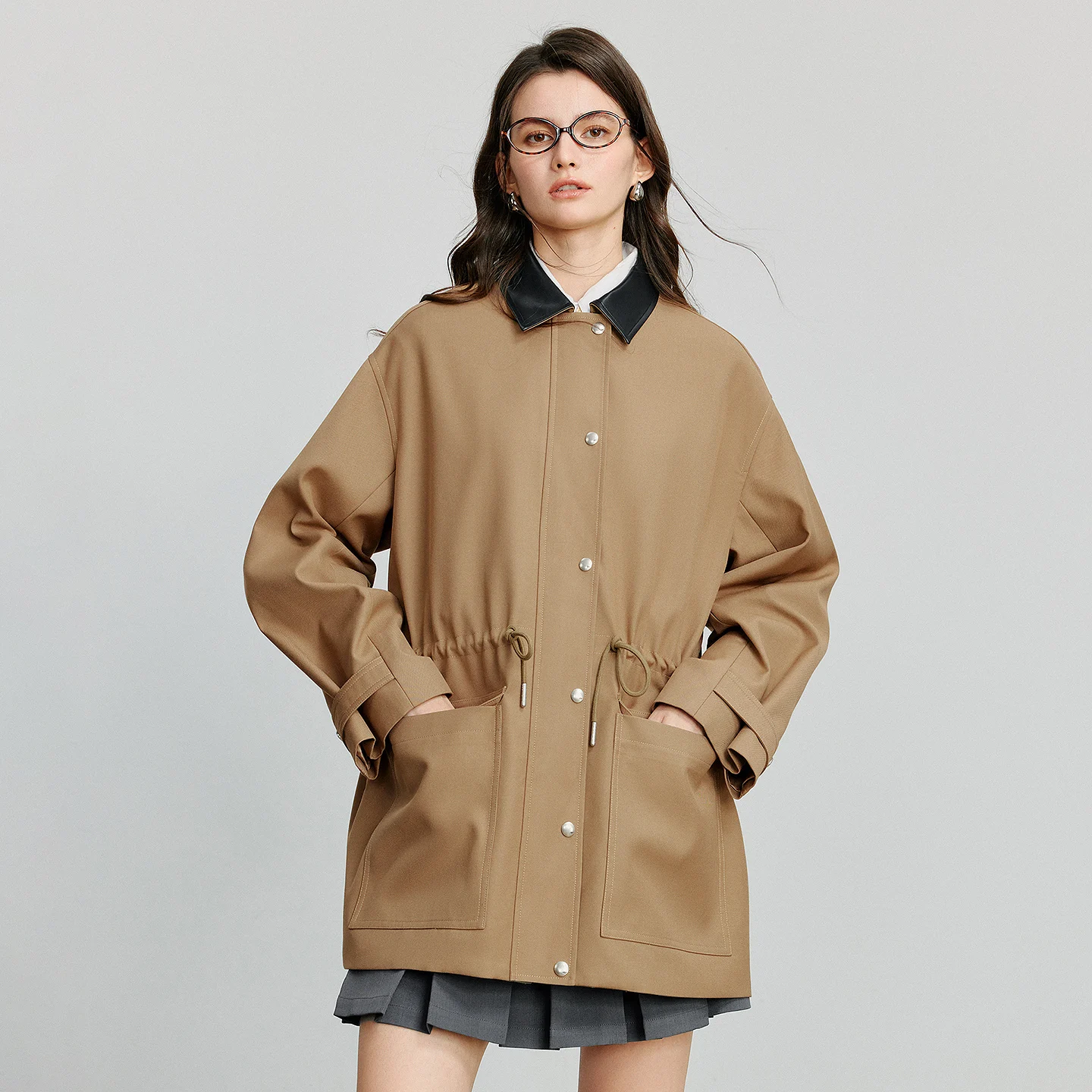 TOYOUTH Women Trench Coat 2025 Autumn New Barn Style Patchwork Collar Snap Button Mid Length Retro Workwear Jacket Coat