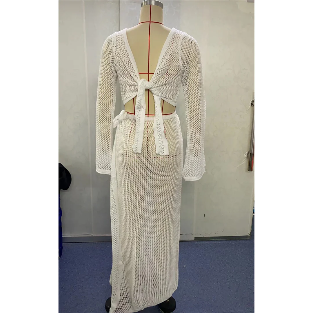 Durchsichtiges, langärmeliges, gehäkeltes, gestricktes Tunika-Strandkleid, Strandkleid, Strandmode, Damen V5991 – Detail 10
