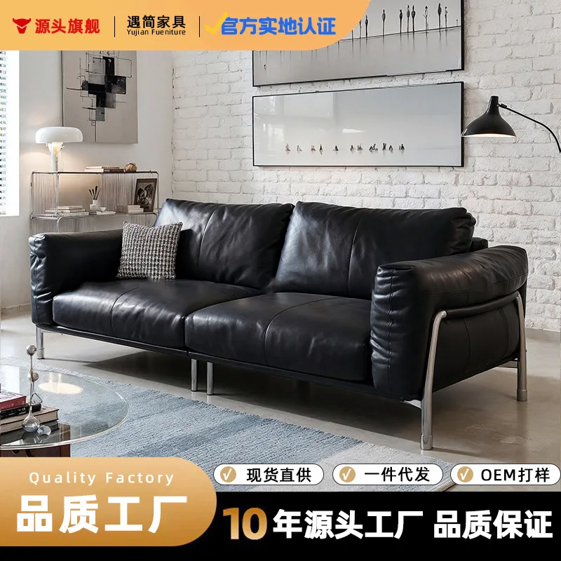 French retro oil wax leather art sofa living room home high-end straight row sofa