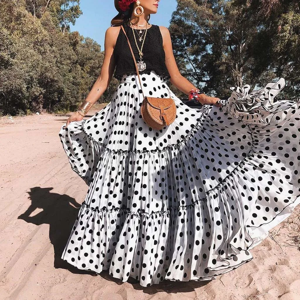 

Women's Fashion High Waist Polka Dot Printed Long Skirt Loose Ruffled Pleated Skirts Loose Casual Large Swing Maxi Skirts