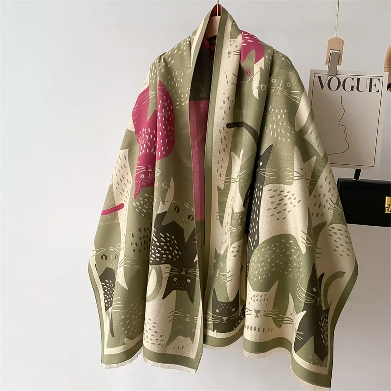 Double-Sided Cute Cat Designer Women\'s Winter Outdoor Cold-Proof Imitation Cashmere Print Warm Scarf Shawl Pashmina Stole