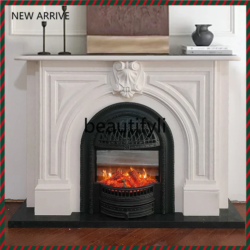 KK32   Marble retro cream style French living room stone fireplace American modern simple stone carving fireplace decoration