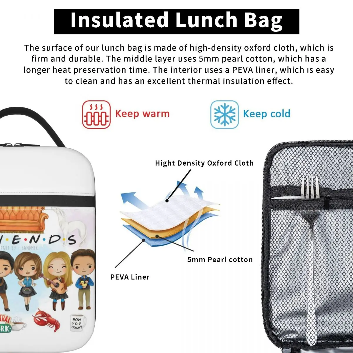 Classic TV Show Friends Lunch Bag Isolado para Camping Travel Cartoon Comic Portable Cooler Thermal Lunch Box Mulheres Kids