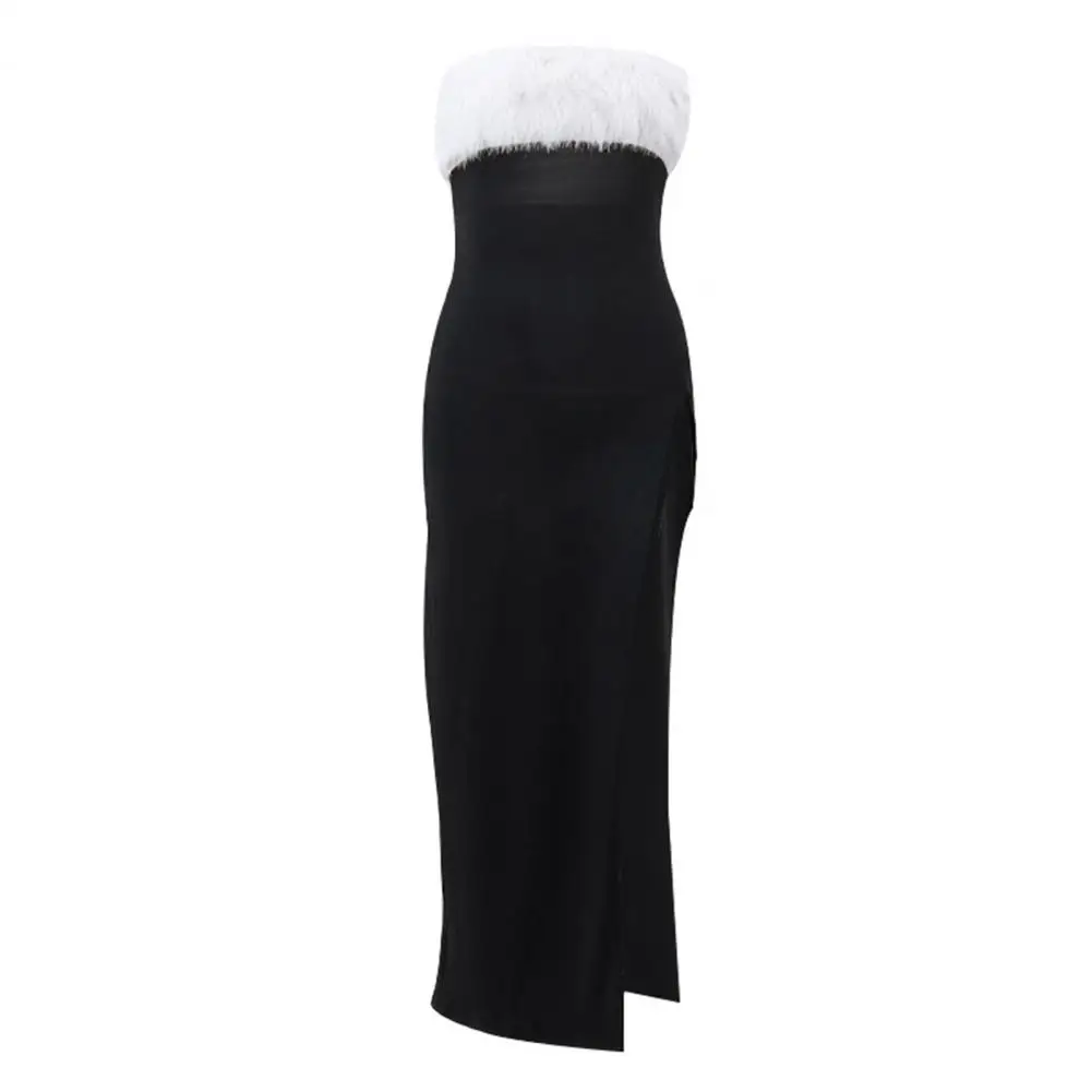 Tenue élégante à fente haute avec détails en fausse fourrure pour femmes, robe de cocktail, robe de Rh, robe maxi initiée, fente latérale