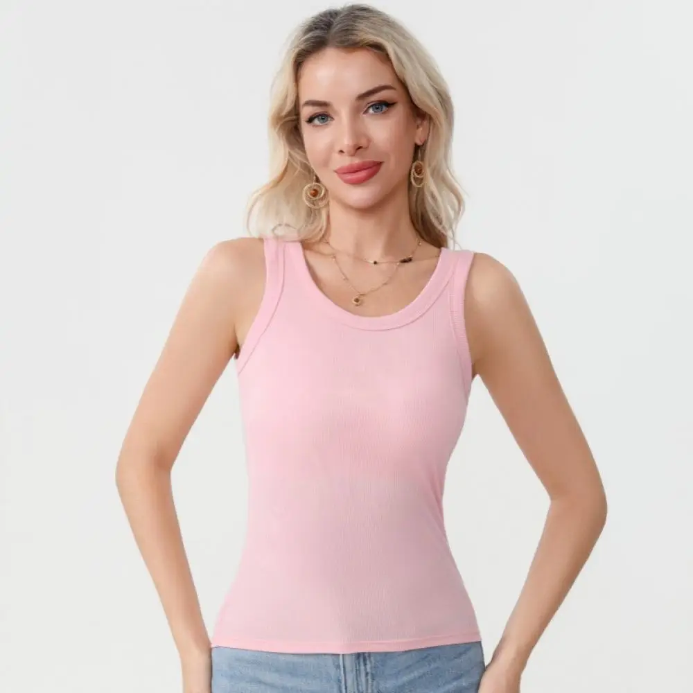 Womens Basic Ribbed Tank Top Fixed Cup Padded Camisole Slim Fit Sleeveless Undershirt Elastic Breathable Summer Streetwear