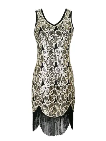 Paljettpärlfransad klänning 1920 Retro paljettfransad klänning Kjoldesign Sense Ärmlös väst V-ringad 10 best sales 1920-talsklänning - №9