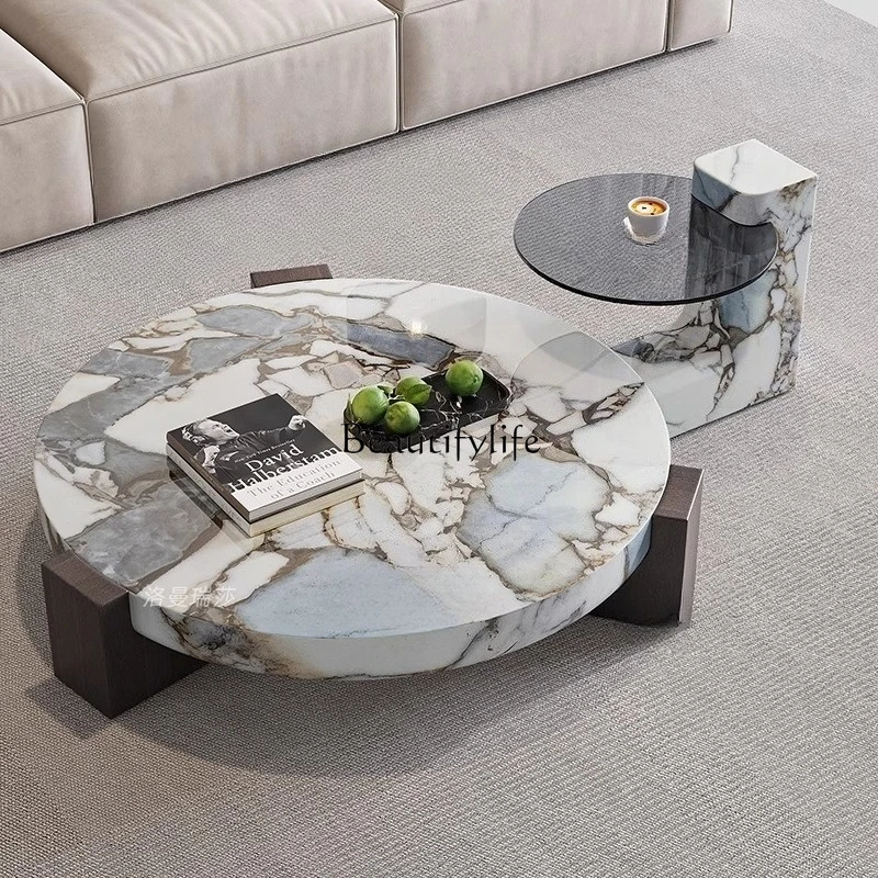 

02Italian light luxury wabi style marble round coffee table minimalist home high sense