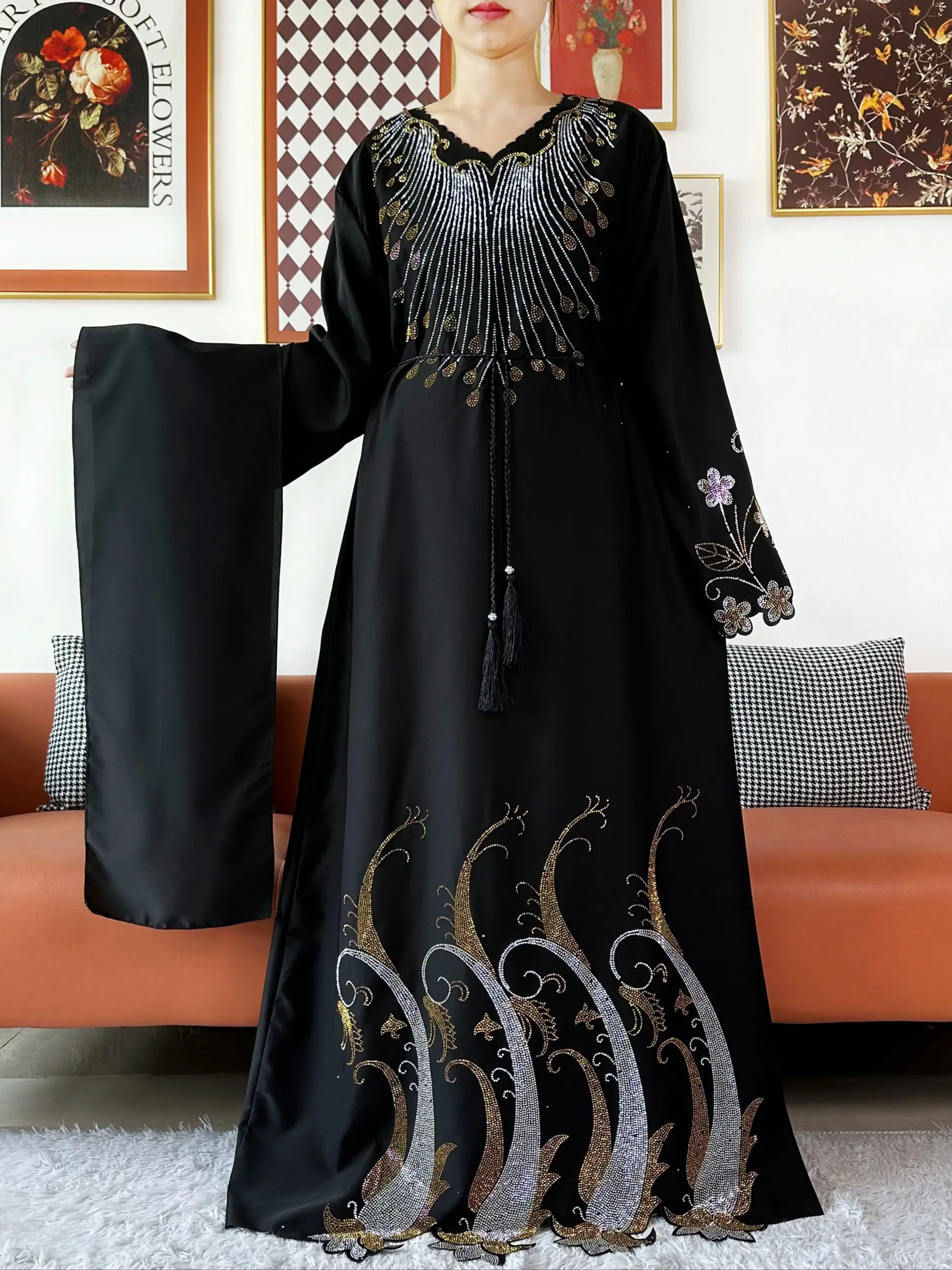 

2025Fashion Dubai Diamond Muslim Women Modest Dress Elegant Arabic Femme Hijab Long Sleeve Chiffon Abaya Islamic Turkey Clothing
