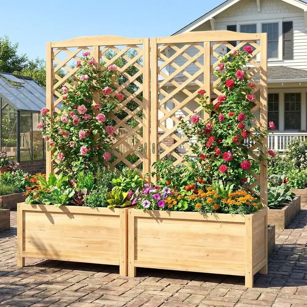 2PCS 30 L x 16 W x 59 H Elevated Garden Beds with Trellis, Outdoor Wooden Privacy Screen for Patio Balcony Decor