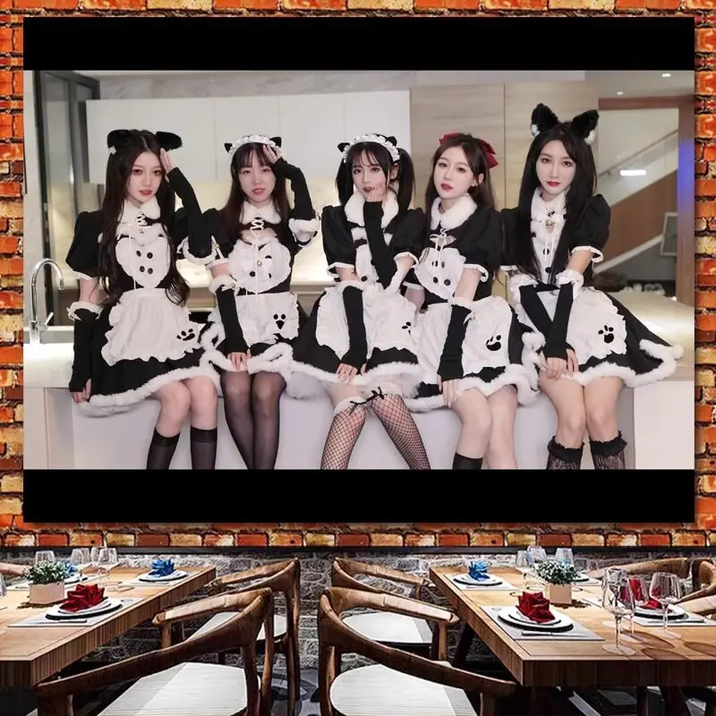 VIKAMA Cute Maid Cosplay Girls Tapestry Black White Cat Ear Wall Hanging for Bedroom Aesthetic