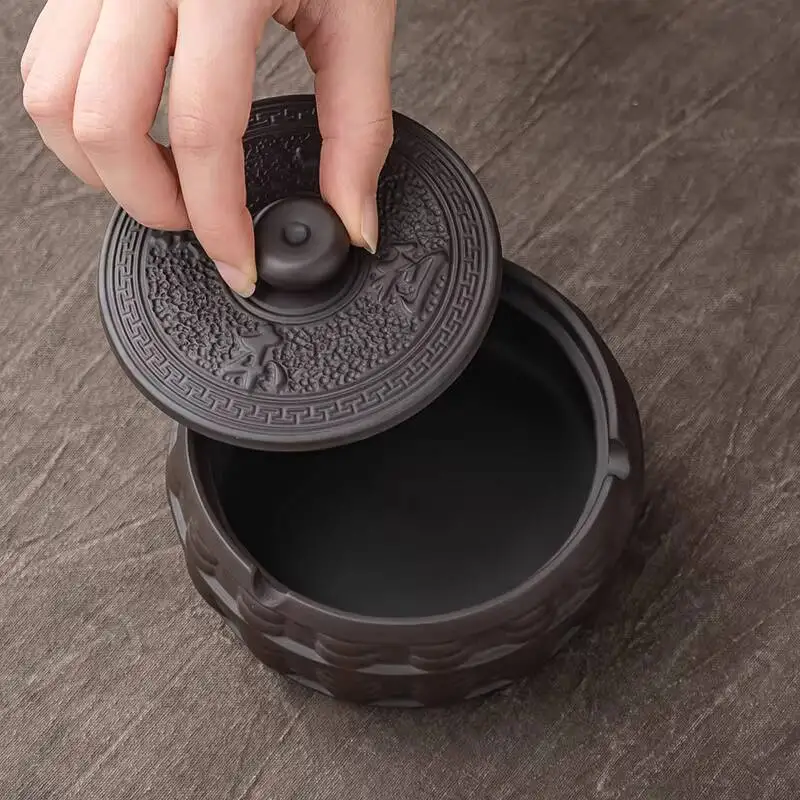 Creative Purple Clay Ashtray For Home, Living Room, Office, Retro Style, High-end, Ceramic Dust-proof, With Lid, Storage Box