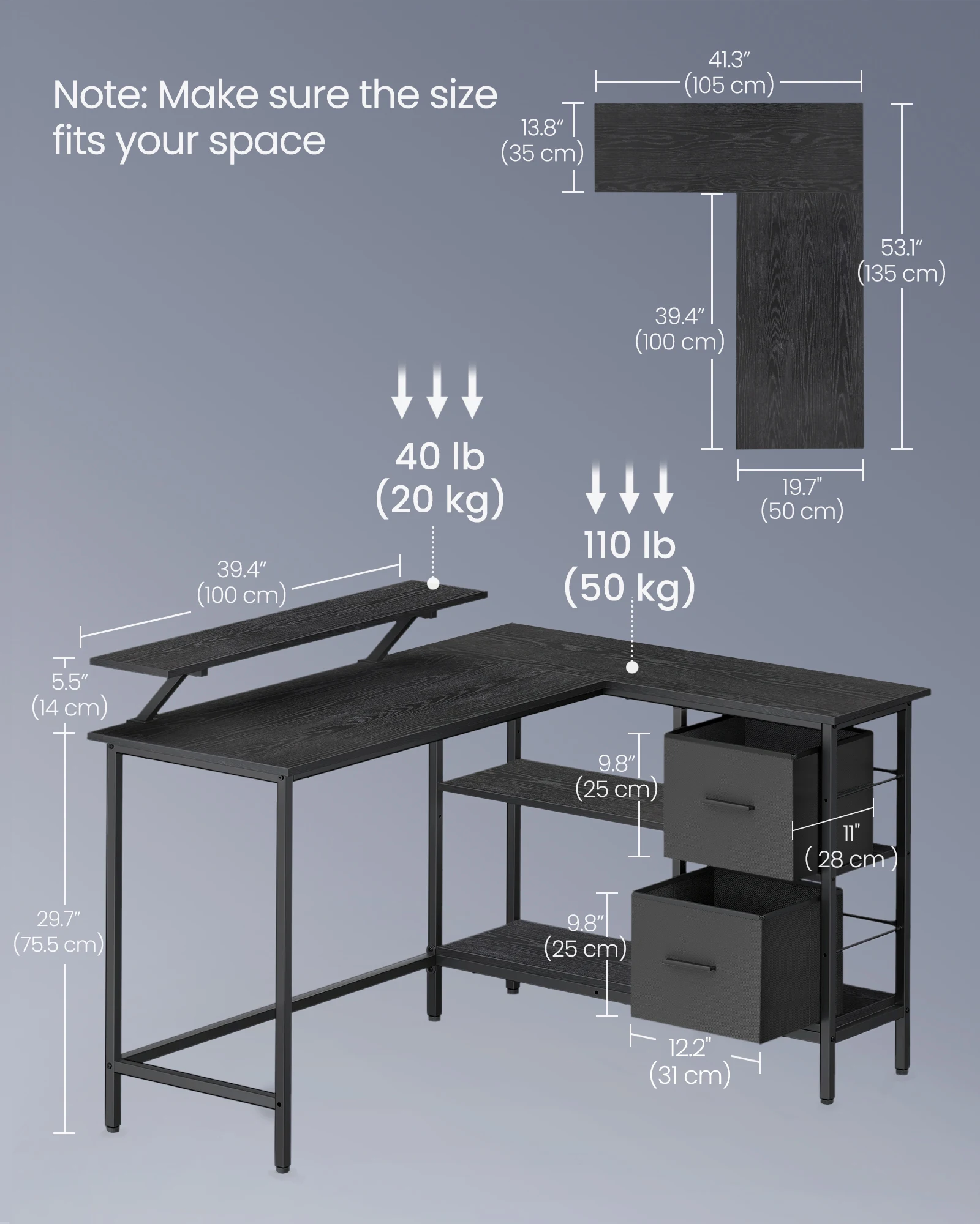 مكتب VASAGLE على شكل حرف L مع درجين واسعين، مكتب ألعاب، مكتب زاوية، مكتب كمبيوتر مع رف تخزين قابل للتعديل #2