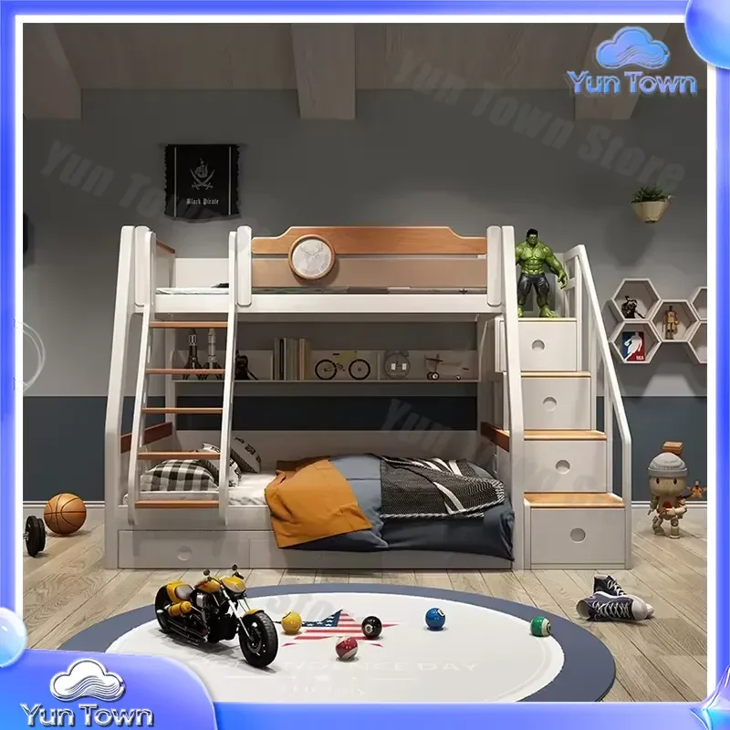 European Style Wooden Bunk Bed for Kids for Home Bedroom Dormitory Space Saving Twin Loft Bed with Ladder and Guardrail