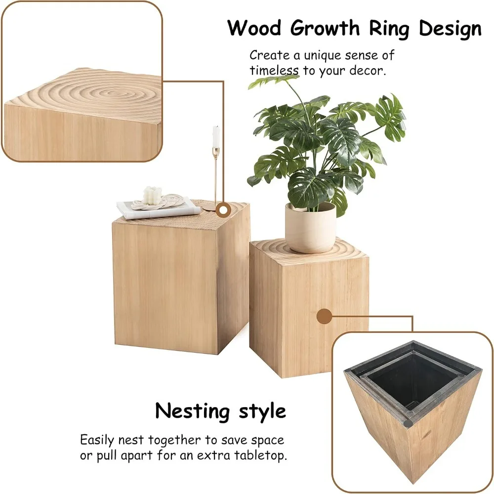 شحن مجاني - مجموعة طاولة نهاية جذع الشجرة مكونة من 2، تخطيط تصفيف متعدد مع نمط حلقة شجرة الخشب، لون الخشب الطبيعي - تخفيضات كبيرة #4