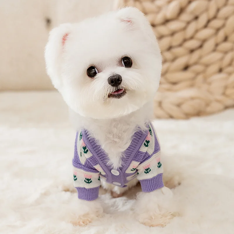 Tulip Full Print Pet Sweater Autumn and Winter New Dog Knitwear Puppy Warm Cardigan Teddy Two Legged Clothing Dog Clothes