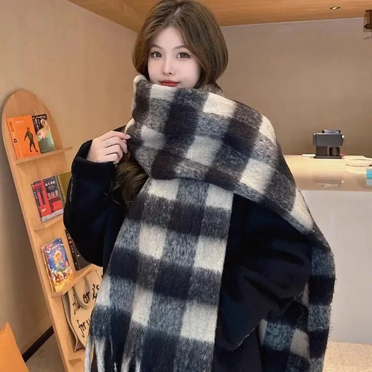 

Корейский черный клетчатый шарф, мягкий кашемировый женский шерстяной шарф, шали, большой теплый клетчатый утеплитель для шеи, осенне-зимний утолщенный шарф