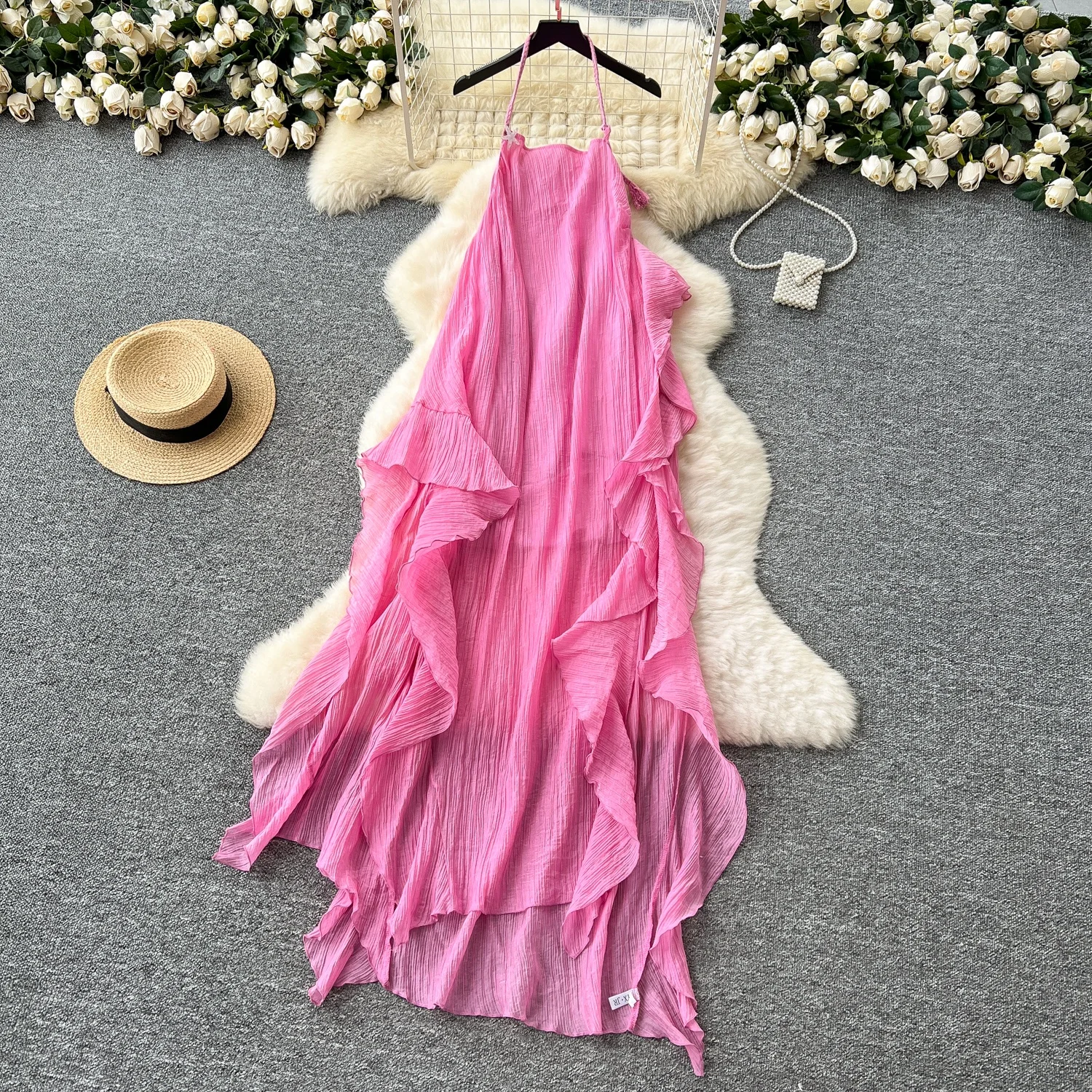 

Clothland Women Sexy Pink Halter Dress Backless Sleeveless Asymmetrical Beach Wear Female Chic Maxi Dresses Vestido QD948