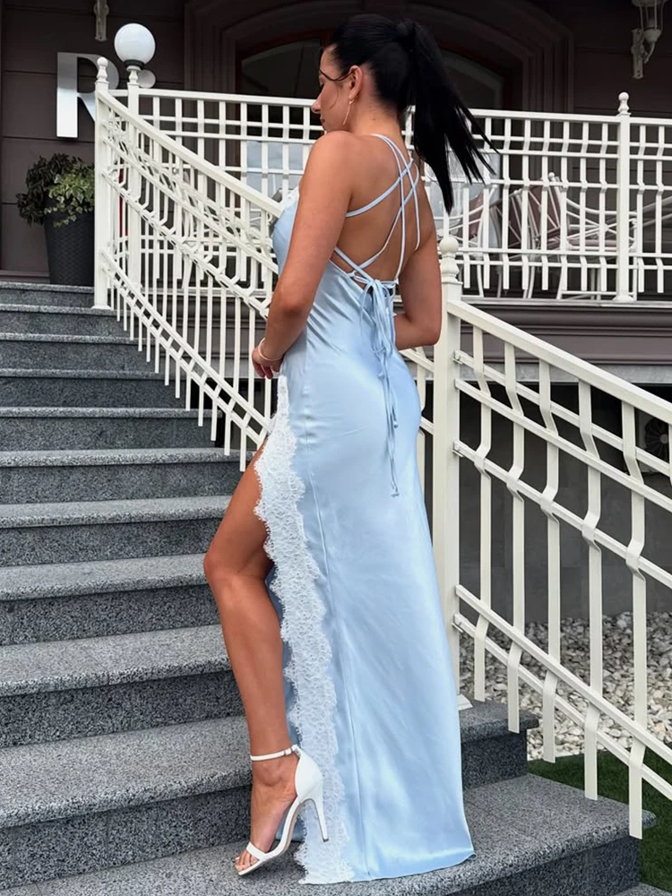 Trendix Abito lungo in pizzo con spacco laterale Moda donna Halter Slim con spalle scoperte Abiti lunghi Boho Abito elegante con fasciatura sexy senza schienale