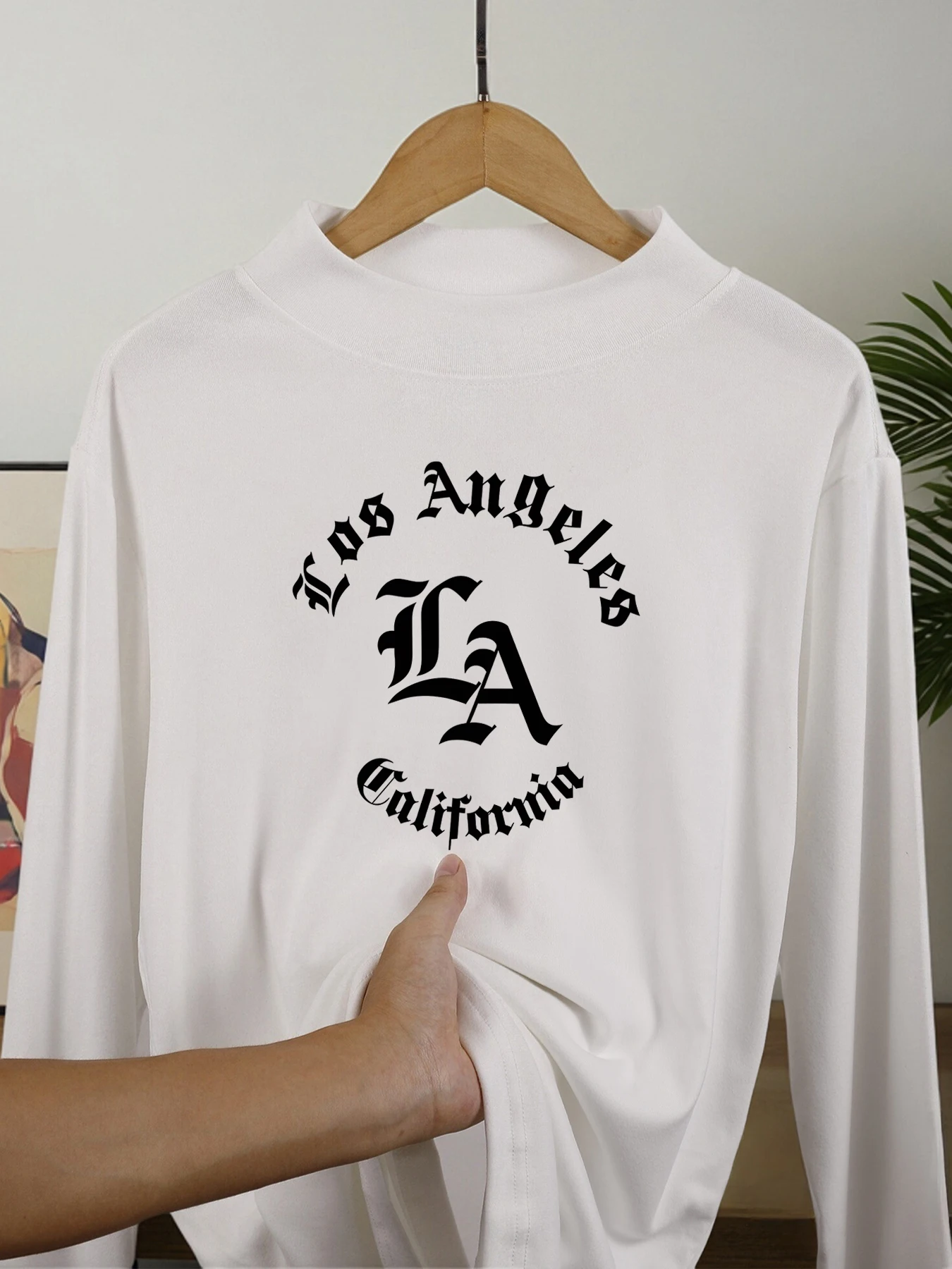 

California Letter Creativity Print Man'S Autumn Winter Long Sleeve Shirt Mock Neck Thicken Tops Velvet Fleece Fit Clothes Unisex