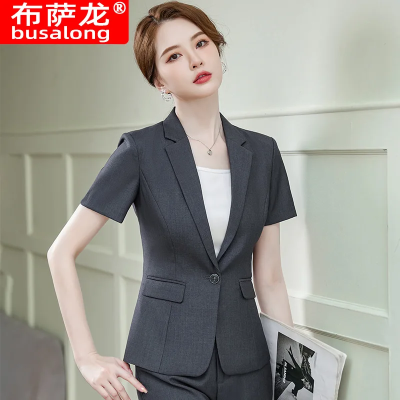 Gray Professional Suit for Women Summer New Style Elegant Short Sleeve Blazer Interview Suit Jacket Hotel Front Desk Workwear