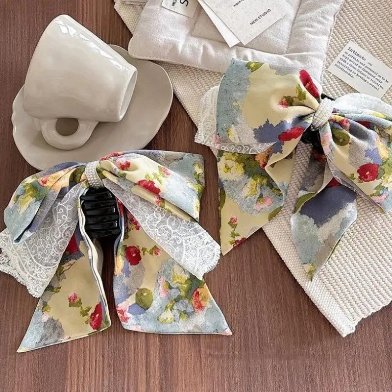 Fermaglio per coda di cavallo con fiocco in pizzo stile pittura a olio Fermaglio per capelli elegante artiglio per capelli per donne Accessori per capelli stile vintage per ragazze dolci