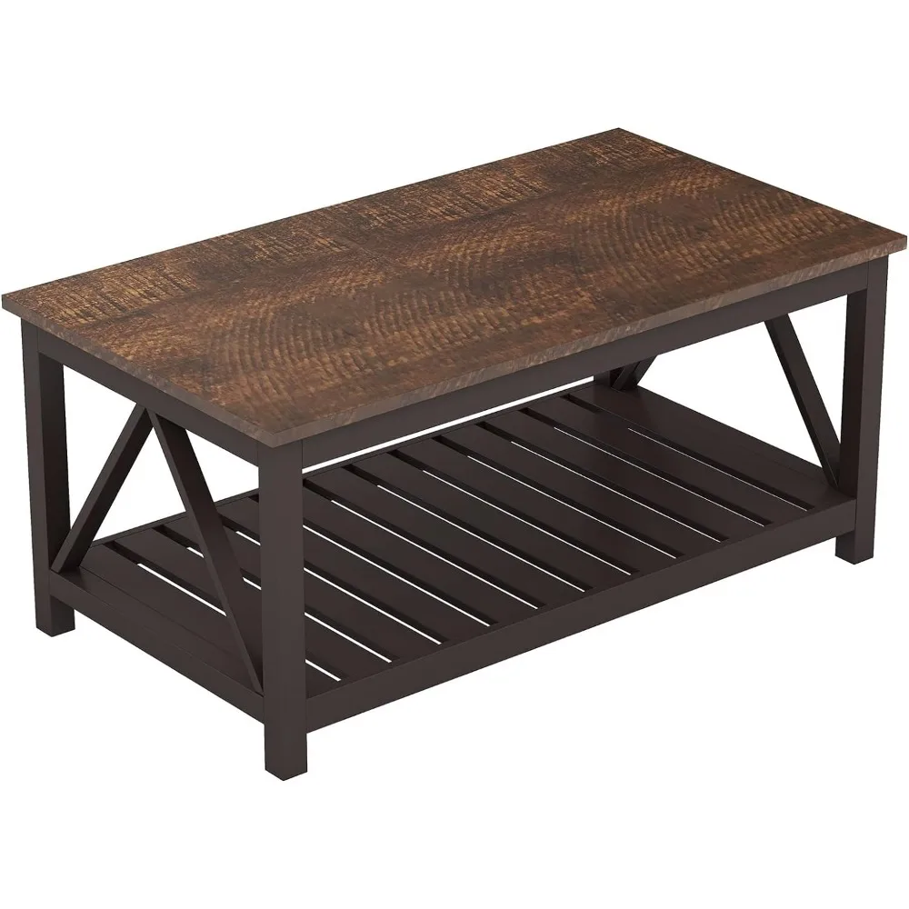 

ChooChoo Farmhouse Coffee Table, Rustic Vintage Living Room Table with Shelf, 40 Espresso