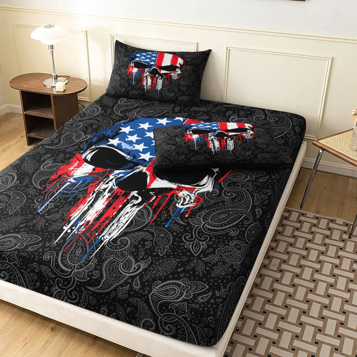  Vintage Paisley American Flag Skull Paint Fitted Sheet Set, 3Pcs White Blue Drip Paint Patriotic Skeleton Pattern Bedding