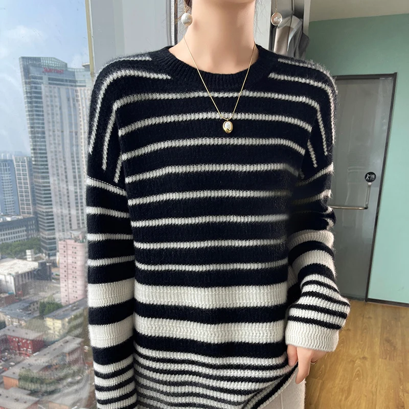 Cashmere Pullover Long Sweater Autumn/Winter Casual Striped Knitted Loose Round Neck Ladies' Tops Thickened 100% Wool Blouse