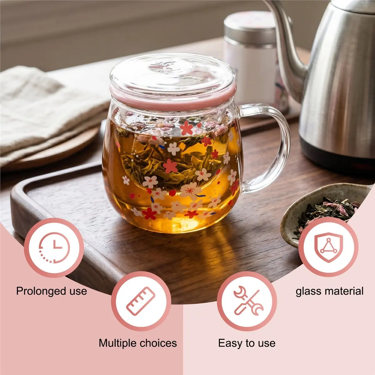 wilwill Sakura Mug Glass Mug with Tea Infuser Filter&Lid Cherry Blossoms Cup Set Blossoms Flower Teacup 300Ml Glasses Drinking