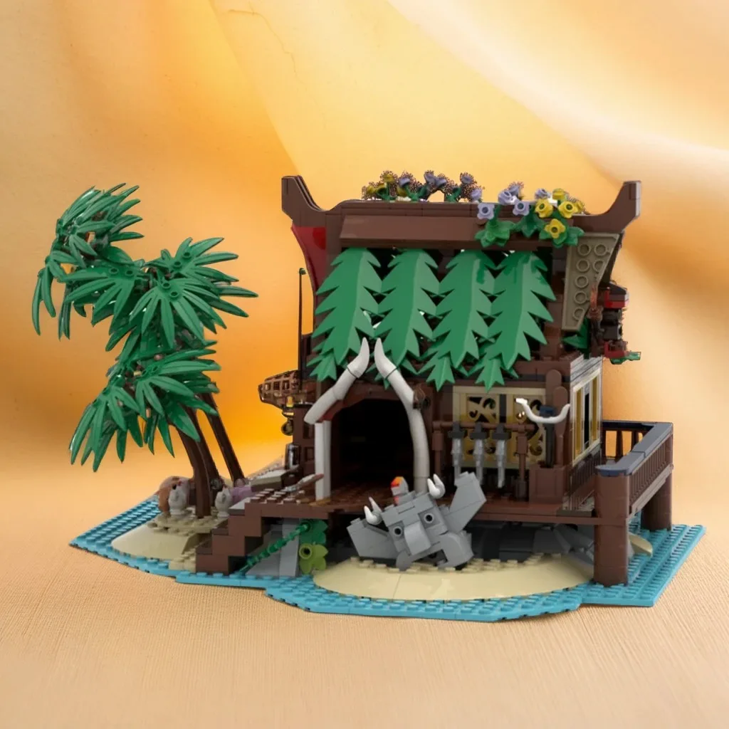 1504Pcs Islanders Tiki House MOC 폴리네시아 스타일 오두막 짚 지붕 교육 건물 diy 블록 생일 장난감 선물