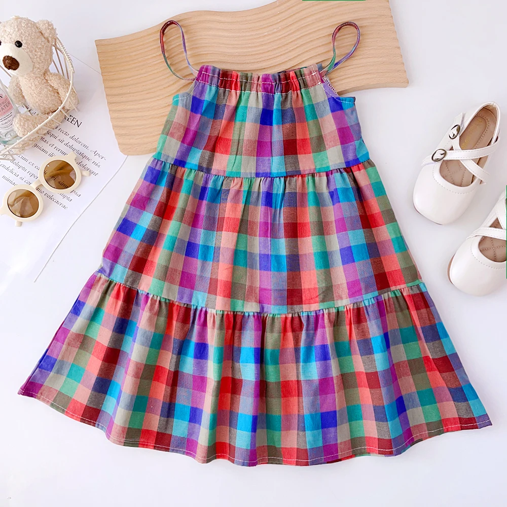 Girls\' Set 2023 Summer New Casual Dress Colorful Plaid Strap Dress Sleeveless Princess Dress Girls\' Fashion Dress