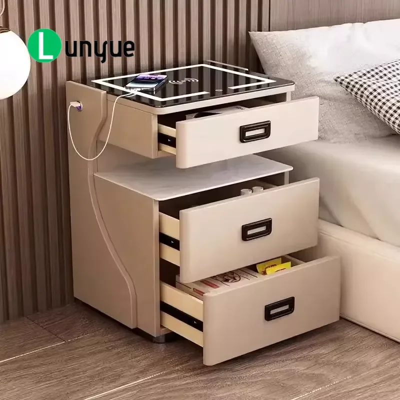 Smart Bedside Table with Wireless Charging Fingerprint Lock Safe LED Touch Voice Control Light Audio Speaker Custom Bedroom
