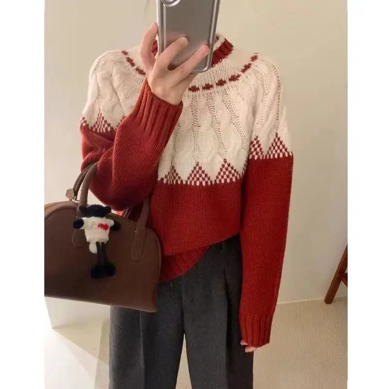 Autumn Winter Korean Fashion Knitted Pullovers Women  Harajuku Long Sleeve Square Plaid Sweater Cozy Tide Loose Oversized Tops