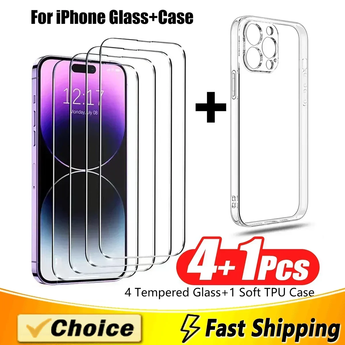 4Pcs HD Tempered Glass + 1Pcs TPU Case, For iPhone 15 14 13 12 11 Pro Max Mini 6 7 8 Plus X XS XSMax XR SE2020 Screen Protector