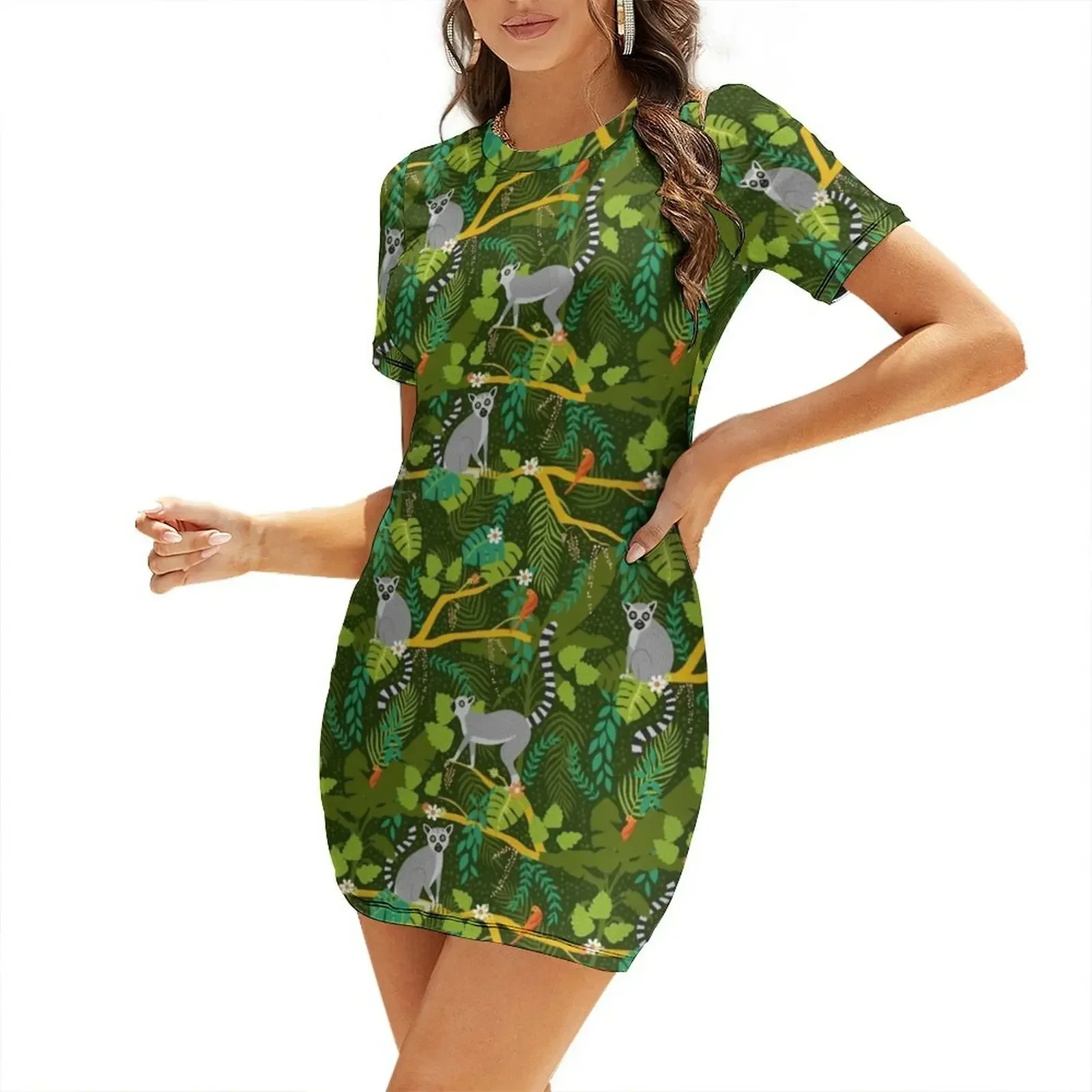 

Lemurs in a Green Jungle Short-Sleeved Dress dress for women summer dresses summer
