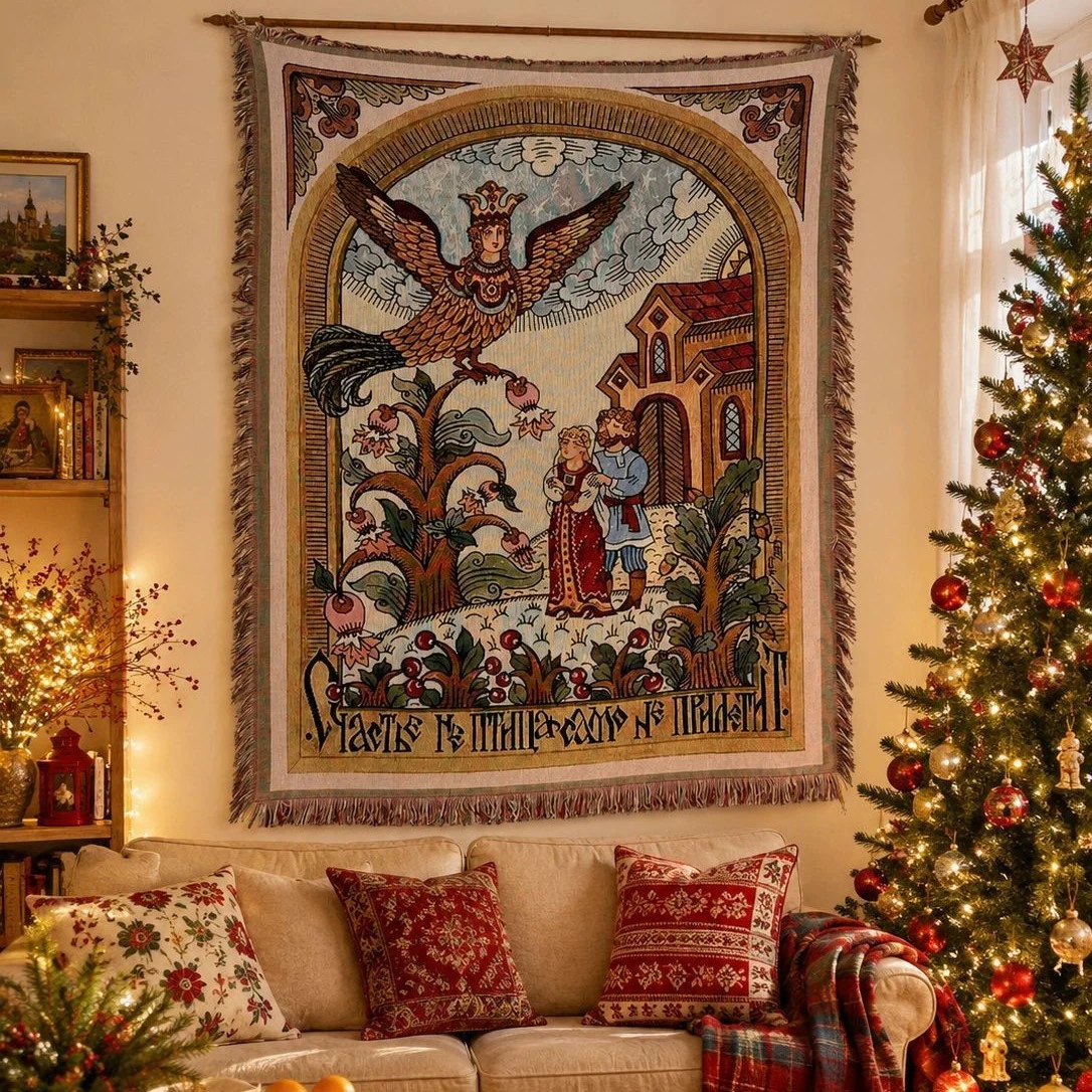 Medieval Tapestry Wall Hanging Vintage Mythical Bird Art Woven Blanket Boho Home Decor Sofa Cover Throw Rug with Tassels