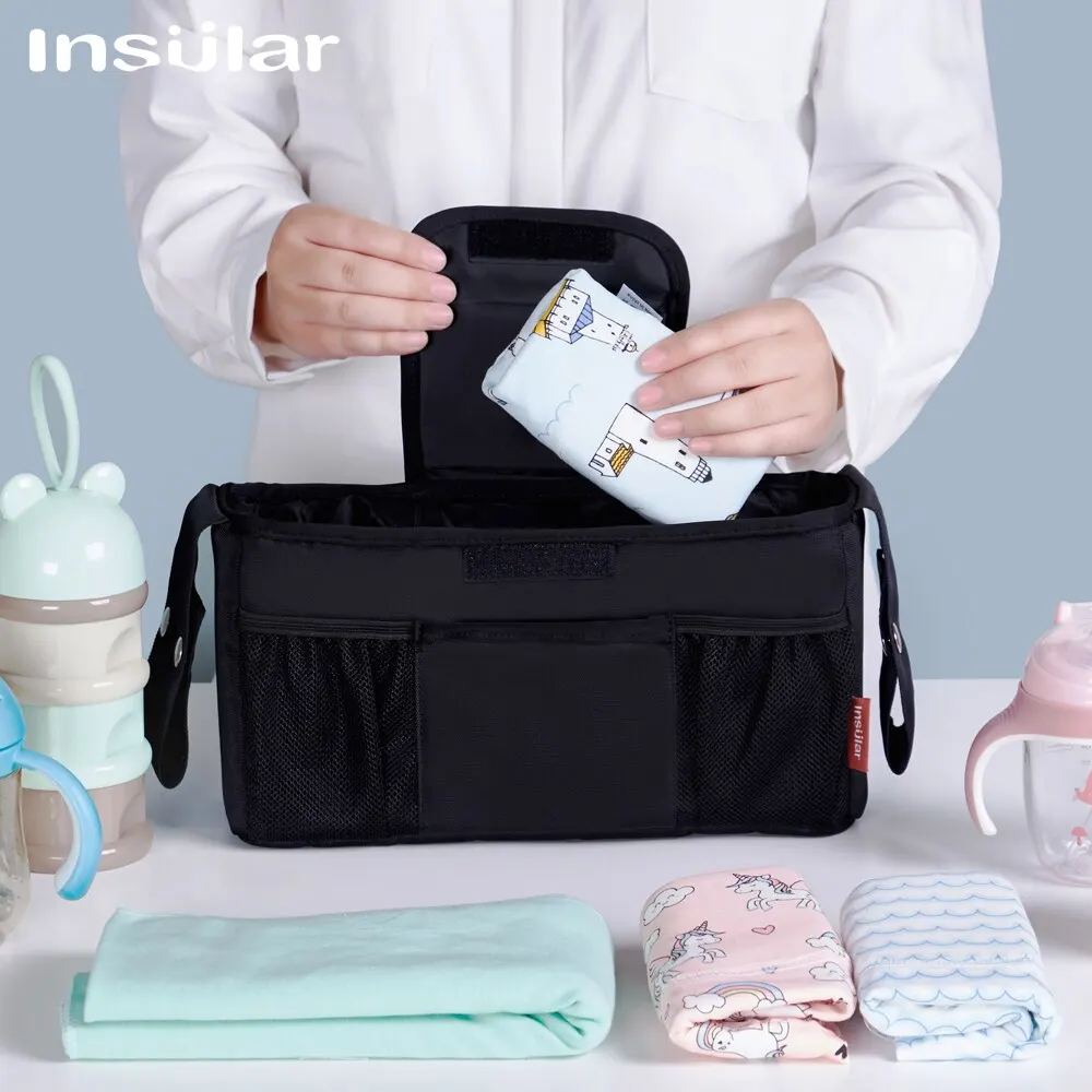 INSULAR Large Capacity Waterproof Stroller Organizer Bag With Hooks Hanging Mummy Diaper Storage Bag Baby Stroller Accessory