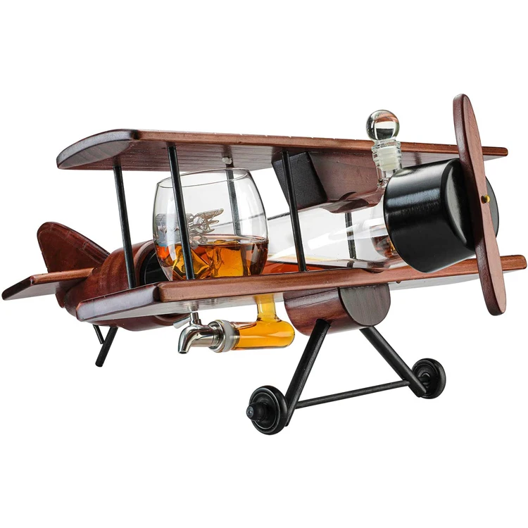 

21inch Home Bar Decor Good Gift Antique 2 glasses Wood Airplane Set Whisky Decanter