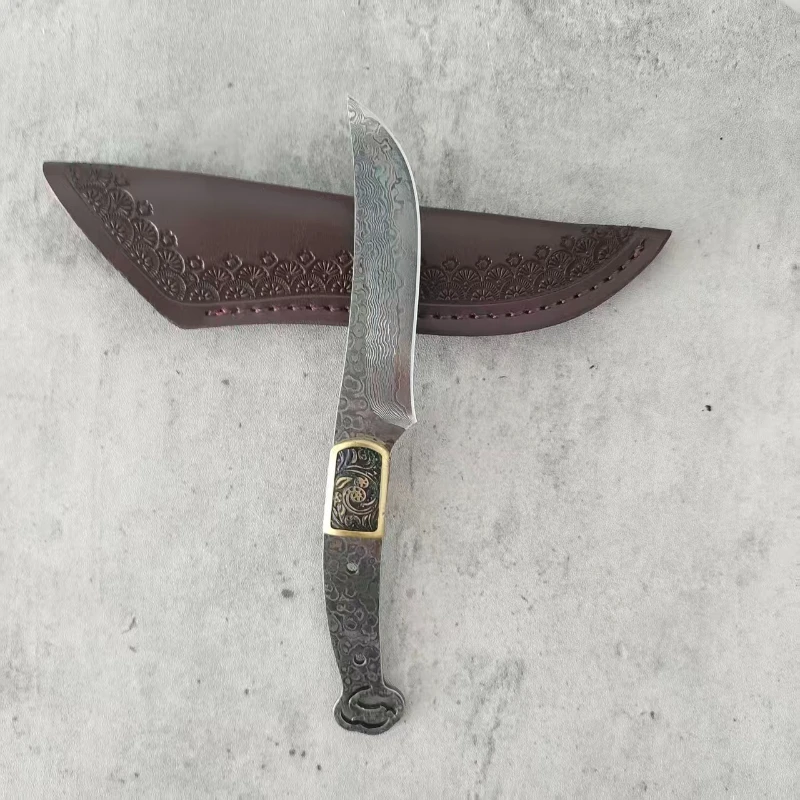 Damascus Steel Full Tang Blade Blank, Semi-finished Fixed Blade, Vintage Brass Bolster with Snake Lanyard Hole for DIY Crafting