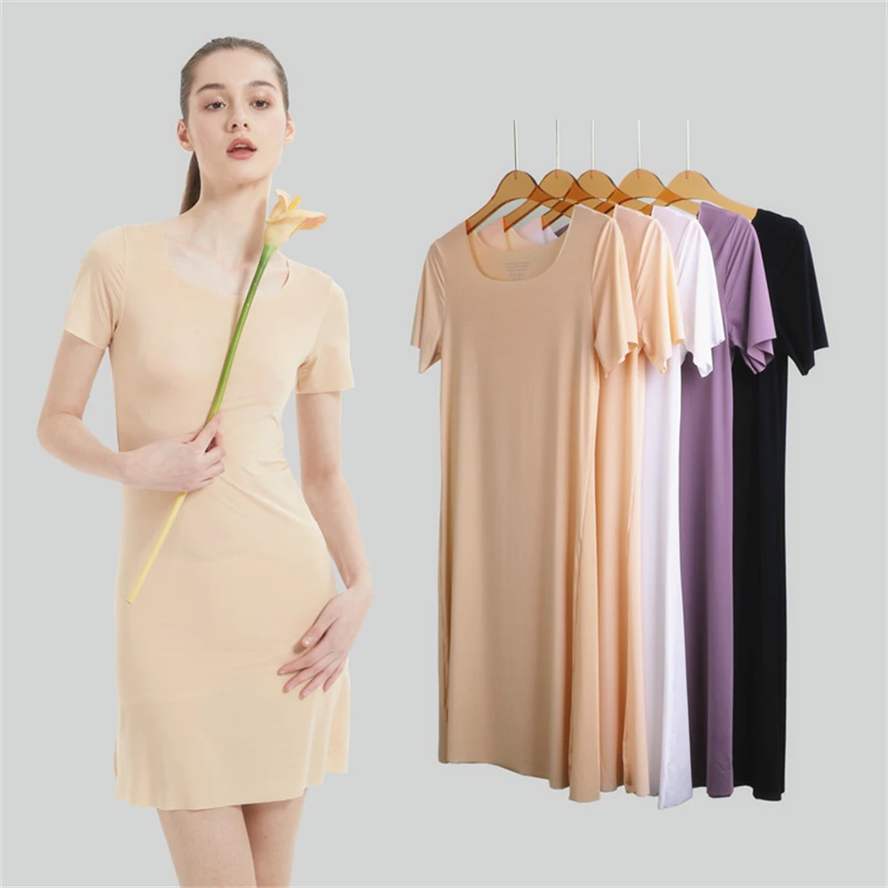 summer Seamless IceSilk Full Slips Dresses For Women Thin Short Sleeve Mini Cool Petticoat Underkirt Sleepwear under dress slip