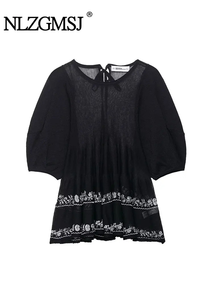 

NZLGMSJ 2025 шикарная женская прозрачная блузка с вышивкой и круглым вырезом, рубашка с завязками на спине, новая модная летняя праздничная блузка