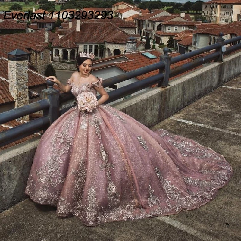 EVLAST abito Quinceanera rosa lucido abito da ballo Applique in pizzo argento con perline corsetto con spalle scoperte dolce 16 Vestido De 15 Anos TQD348