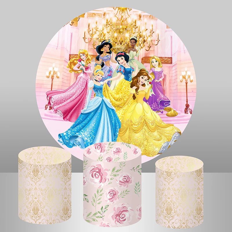 Disney Castle Princess Round Circle Bacdrop Backdrop for Girl Happy Birthday Decor CandyTable Banner Covers