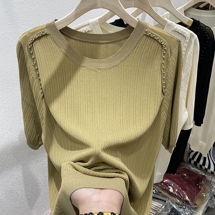 

Женская трикотажная футболка из ледяного шелка больших размеров, свободная утягивающая футболка Me, летний новый дизайн, повседневный удобный топ с украшением